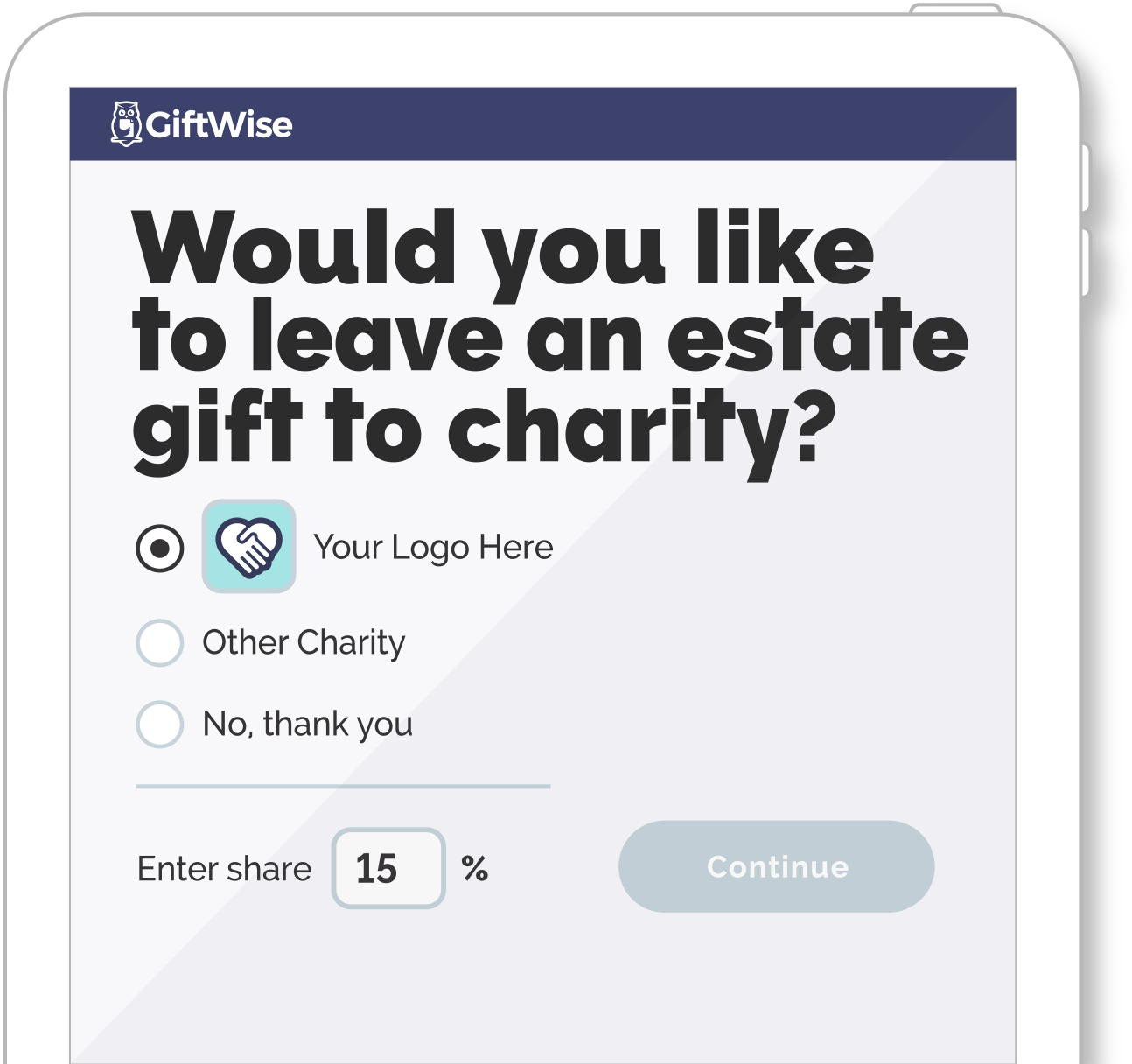 Image showing approximation of how your charity will appear as an option during the will creation process.